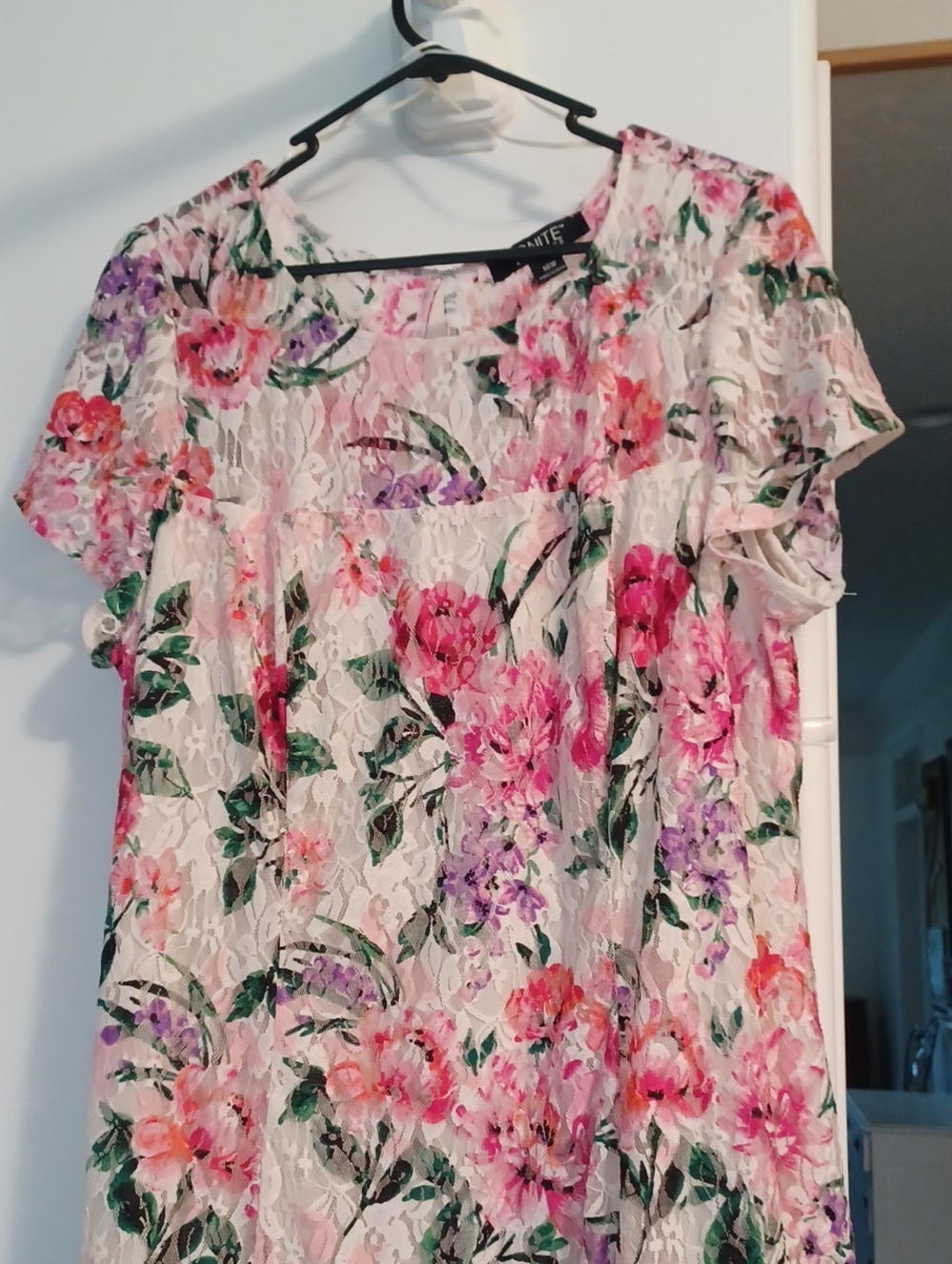 Floral Lace Short Sleeve Women's Dress - Pink/Green